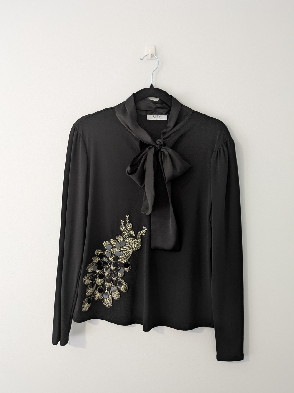 Suzy Shier Black Long-Sleeve Top with Gold Peacock Embroidery